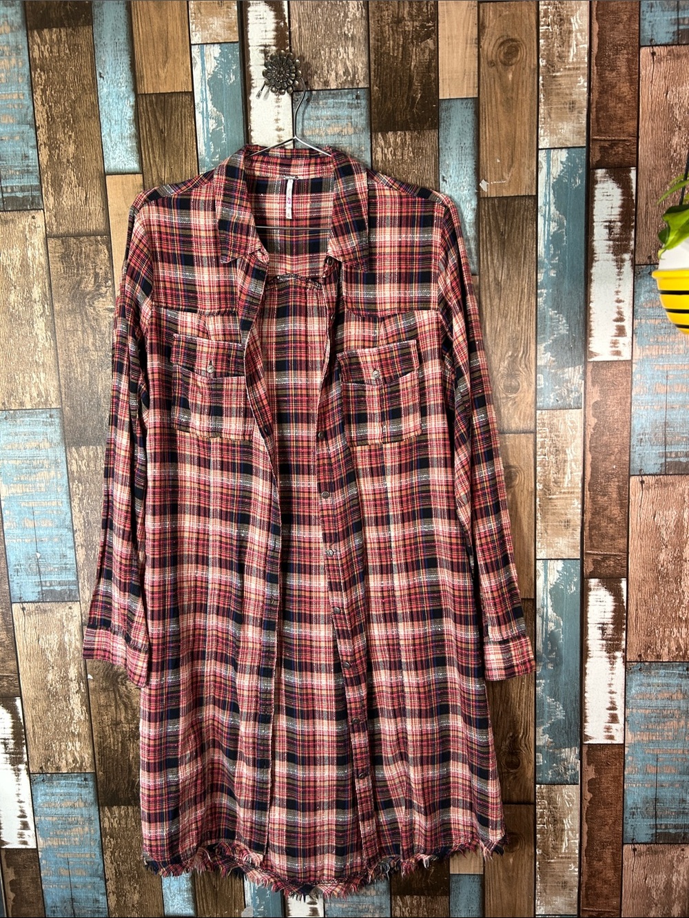 Free People Oversized long Plaid Shirt Dress in Red and Black
